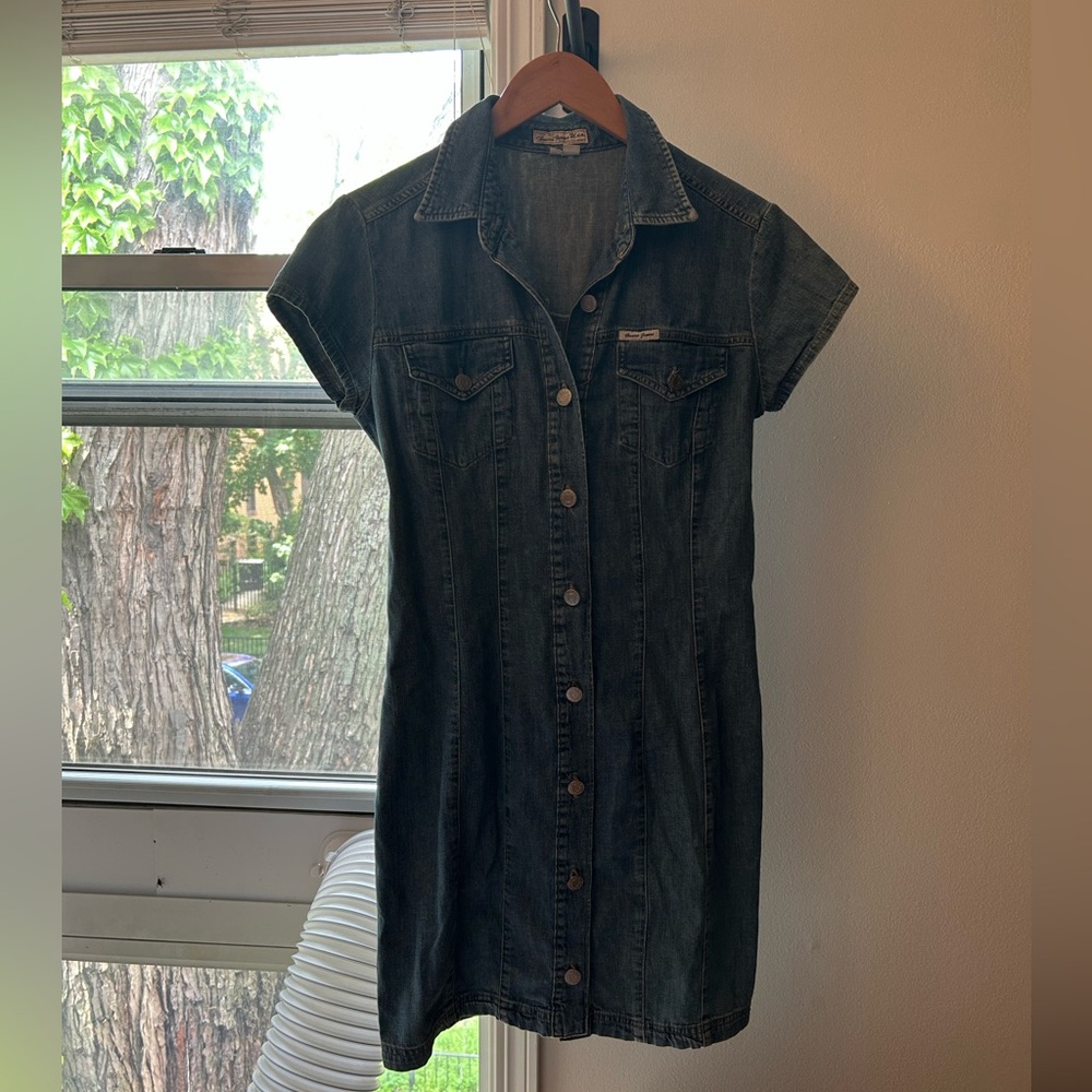 Guess vintage denim blue jean button down short sleeve dress 11 M/L